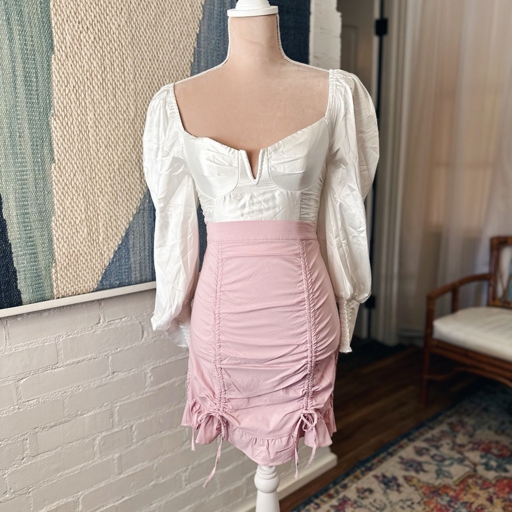 Story On Pink Ruched Panel Ruffle BodyCon Skirt